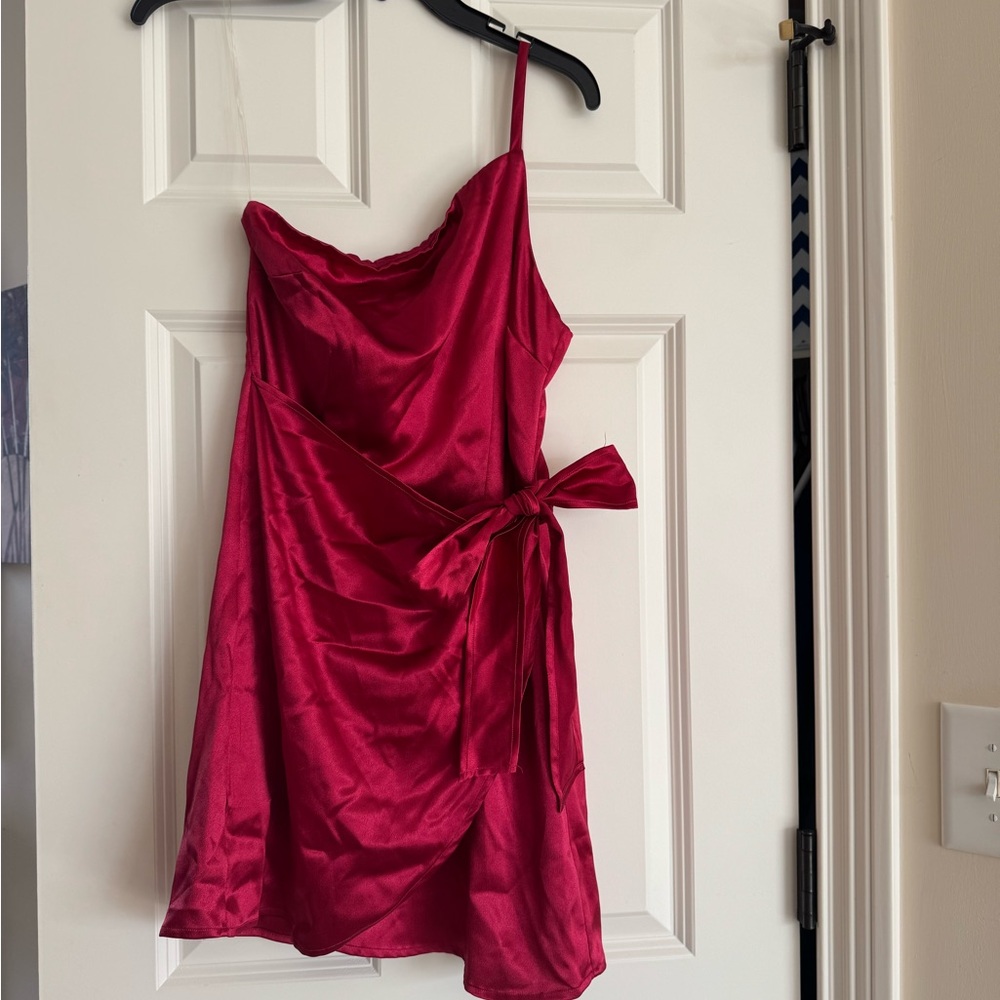 Stylish Satin One Shoulder Faux Wrap Red Dress by Speechless - Size Medium NWT